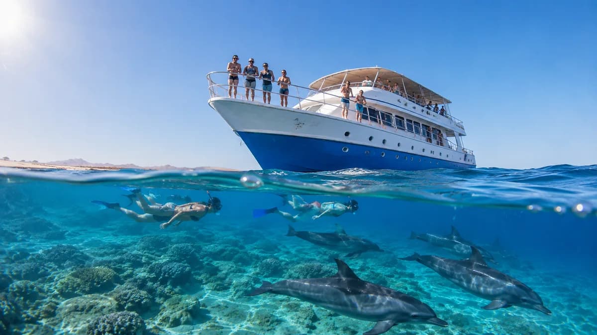 Over-under view of snorkelers and wild dolphins gliding over the turquoise reef at Dolphin House near Hurghada, day boat above