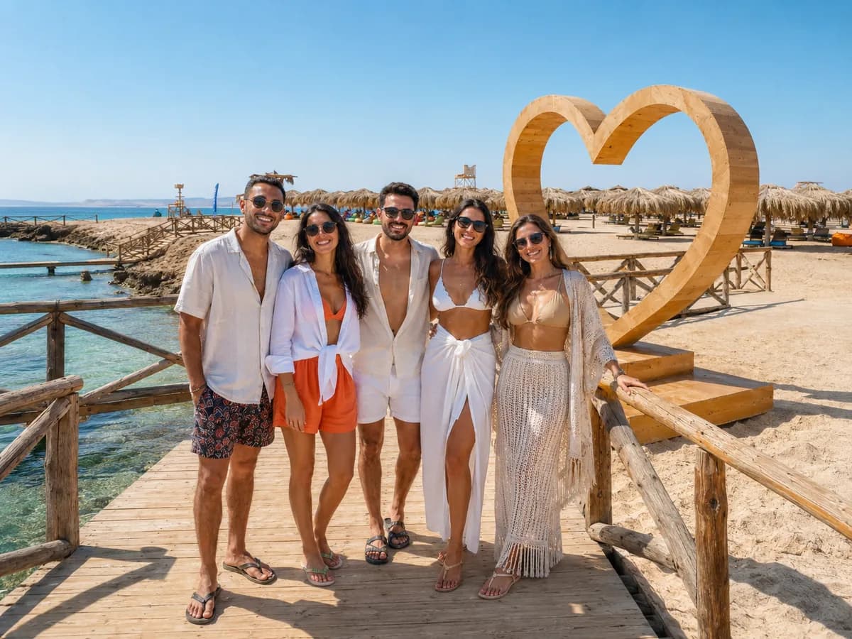 Travellers gathered at the heart-shaped frame on the wooden jetty over the crystal-clear Red Sea lagoon at Magawish Island, Hurghada