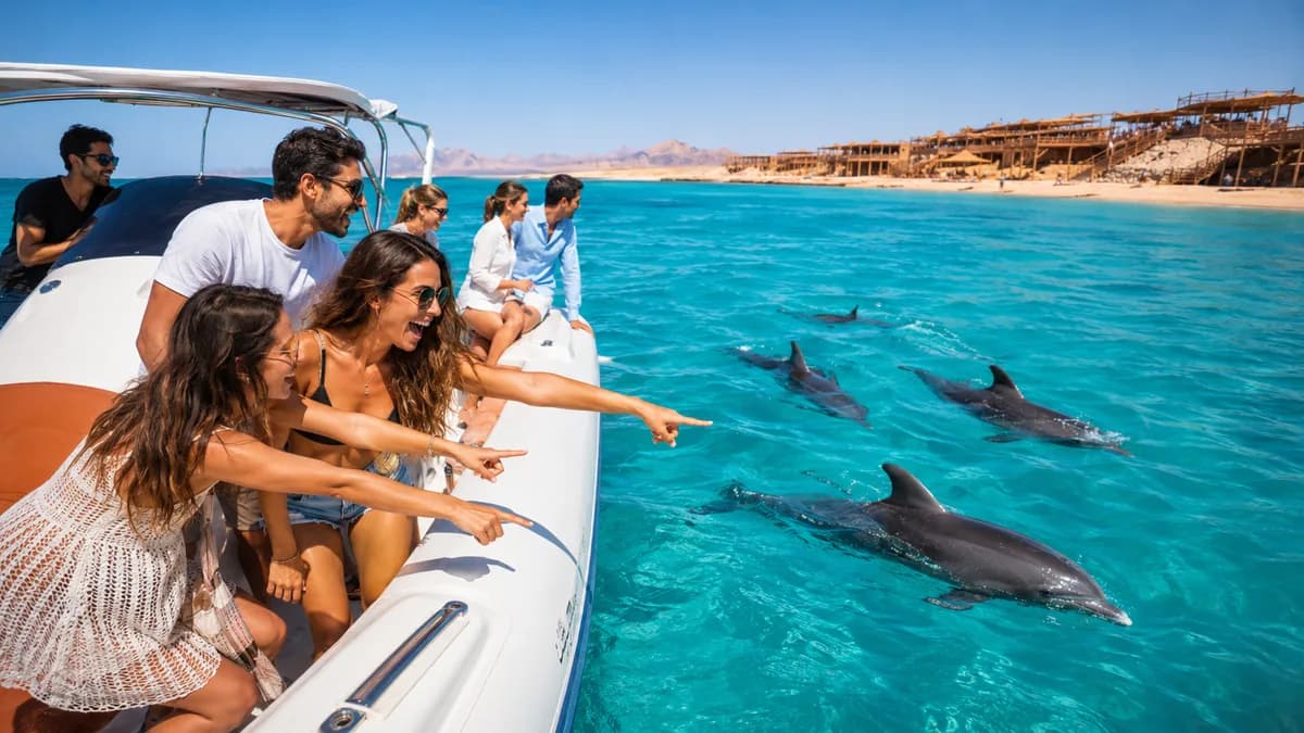 Excited guests leaning over the rail of a speedboat and pointing at four dolphins swimming beside them in turquoise water, with Orange Bay beach in the background
