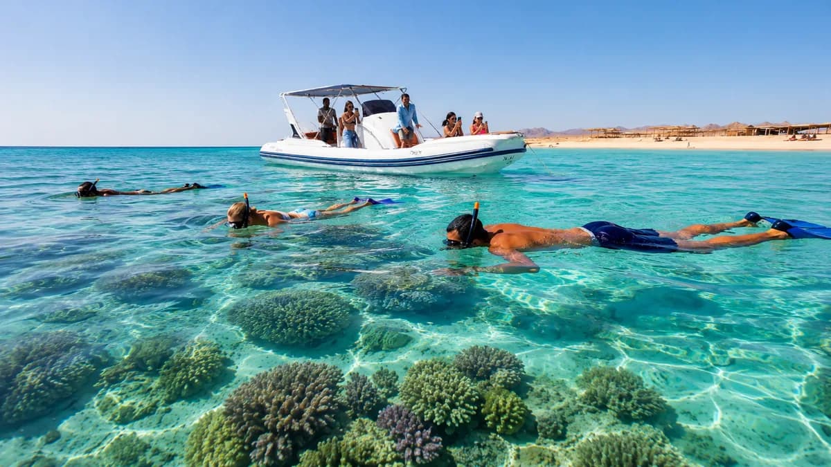 Snorkelers floating over a shallow coral garden in clear Red Sea water with their speedboat anchored behind and the Orange Bay beach in the distance